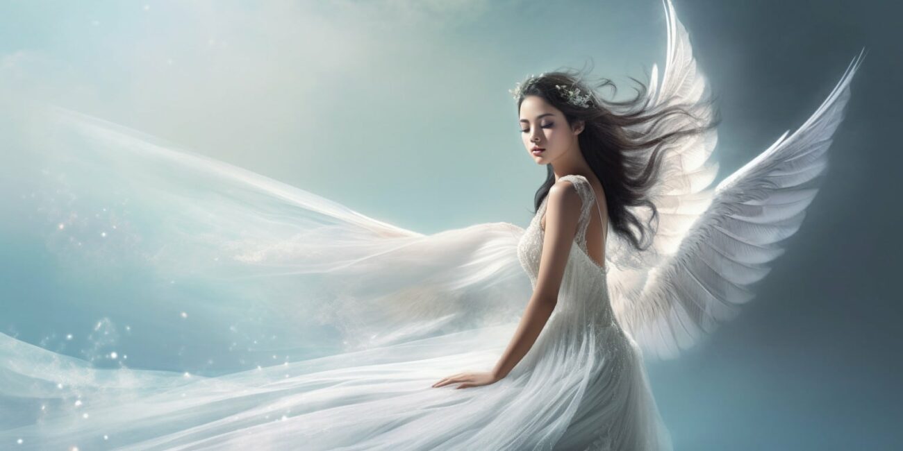 Angel Number 68 - Angel with long black hair and a long white dress. She is looking behind her hair has caught the wind.