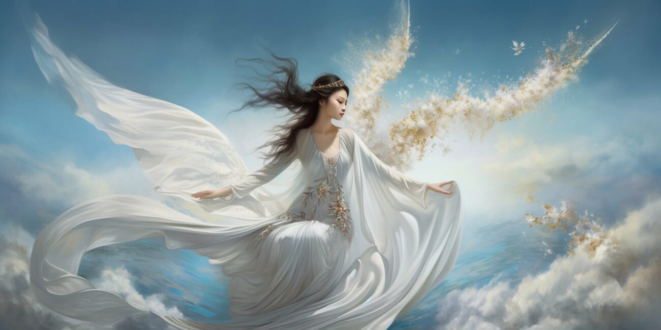 Angel Number 78 - Angel with long black hair and a long white dress. Her hair has caught the wind and she is looking at the clouds.