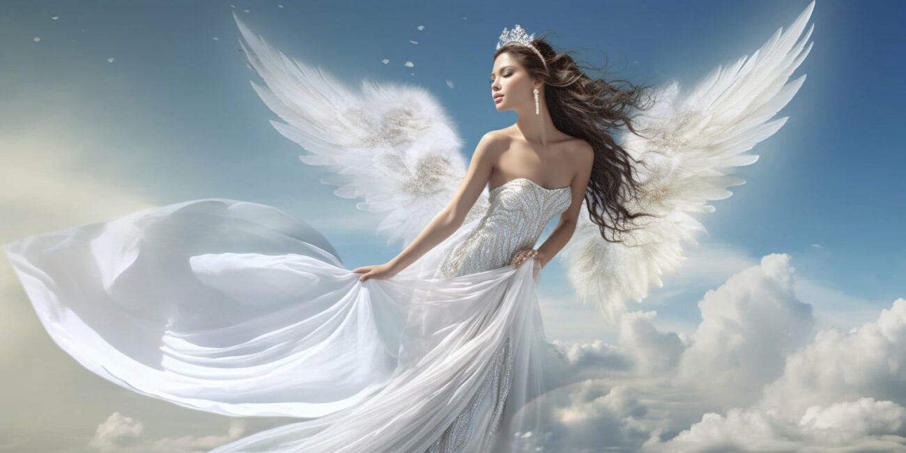 Angel Number 00 - Angel with long dark hair and a white dress. Her wings are pure white.