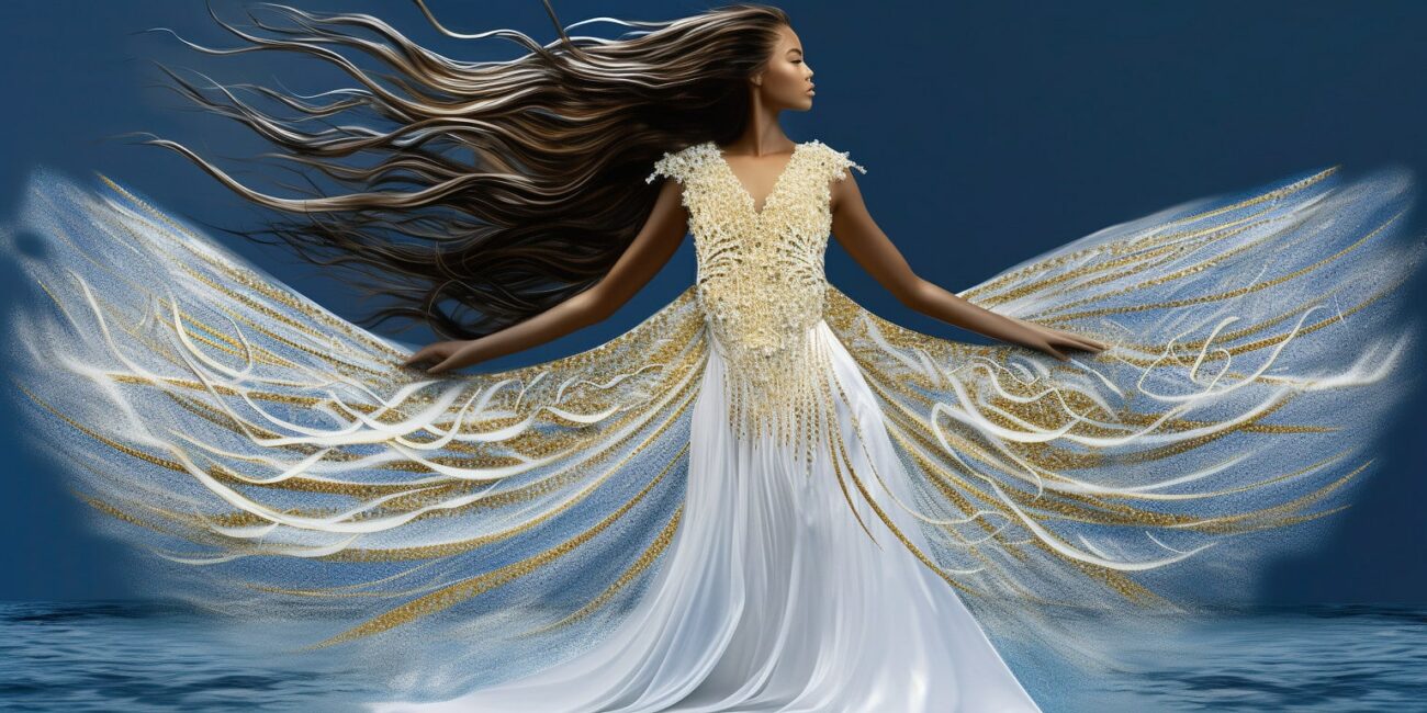 Angel Number 98 - Angel with long black hair and a long white dress with yellow on the sides.