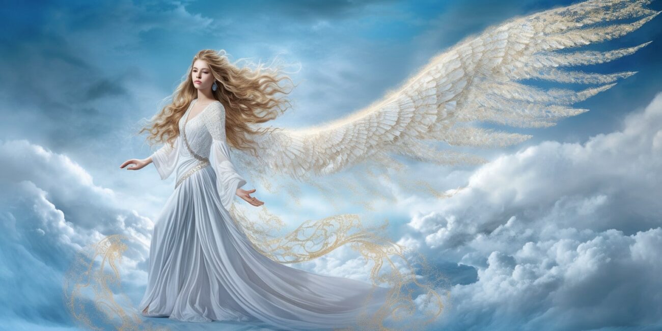 Angel with long wings and a long white dress.