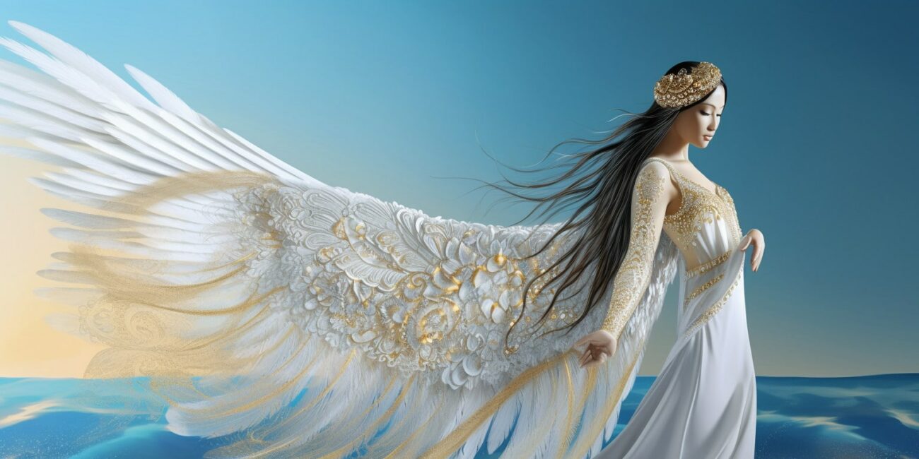 Angel Number 1000 - Angel with long dark hair and a long white dress with yellow and Gold patterns.