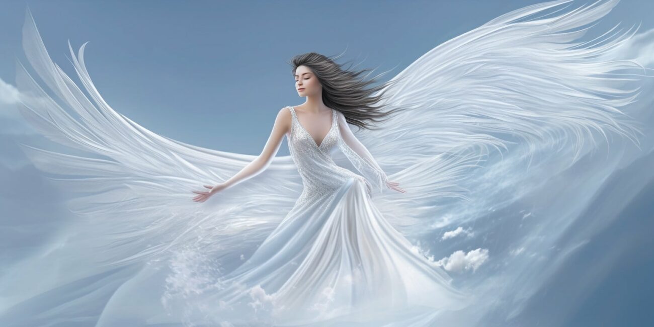 Angel Number 11111 - Angel with long dark hair and a white dress. Her wings are white.