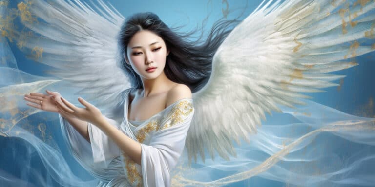 Angel Number 22222 - Angel with long dark hair and a white dress. Her wings are white and golden yellow.