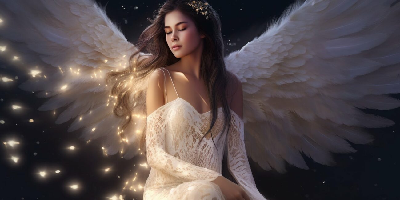 Angel Number 4144 - Angel with long dark hair and a white dress. Her wings are golden yellow and white.