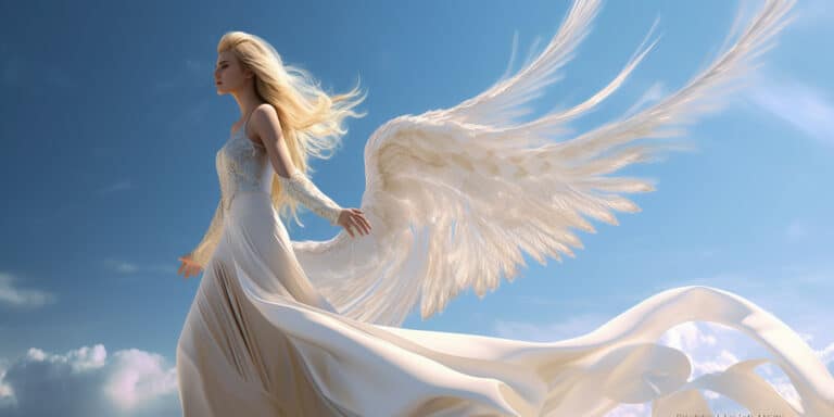 Angel Number 0000 - Angel with long blonde hair and a white dress. Her wings are pure white.