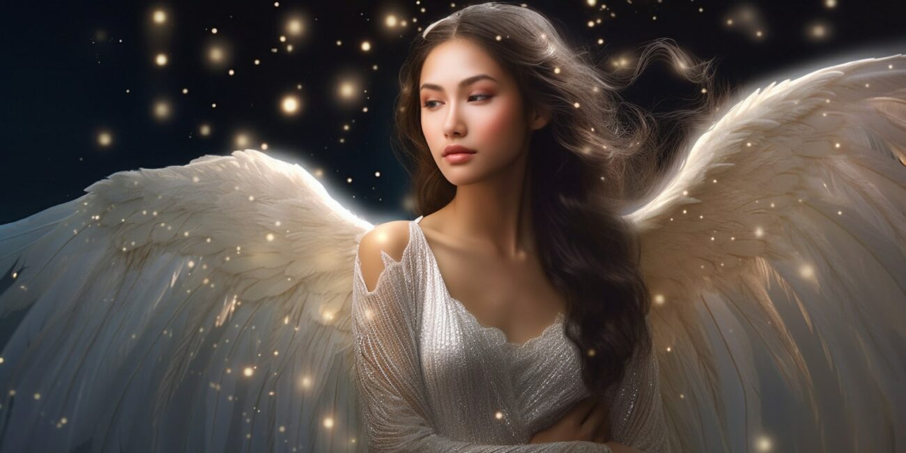 Angel Number 4141 - Angel with long dark hair and a white dress. Her wings are golden yellow and white.