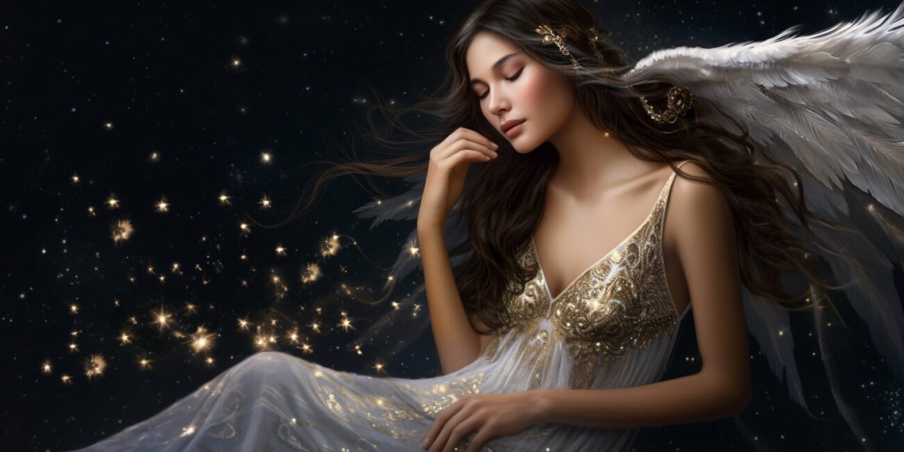 Angel Number 4114 - Angel with long dark hair and a white dress. Her wings are golden yellow and white.