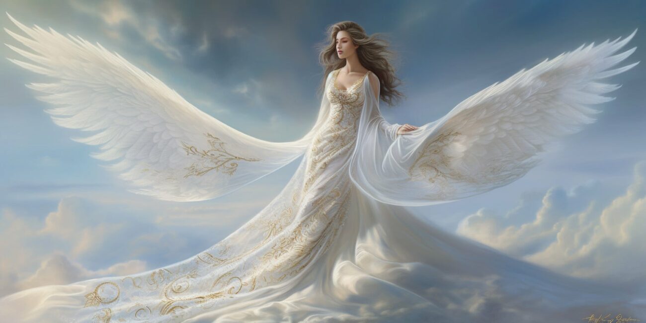 Angel Number 33333 - Angel with long dark hair and a white dress. Her wings are white.