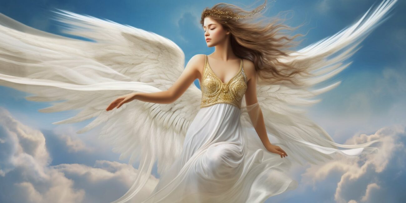 Angel Number 44444 - Angel with long hair and a white dress. Her wings are white.