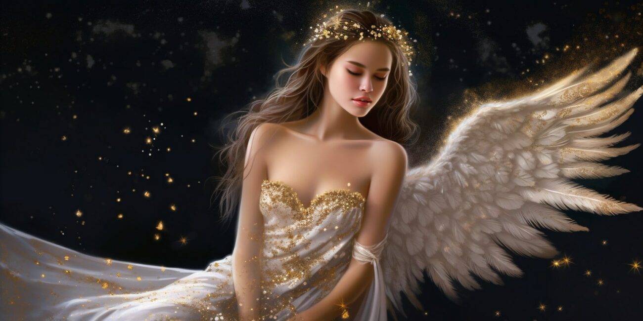 Angel Number 4111 - Angel with long dark hair and a white dress. Her wings are golden yellow and white.