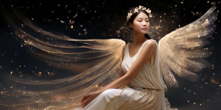 Angel Number 1441 - Angel with short black hair and a white dress. Her wings are golden yellow and white.
