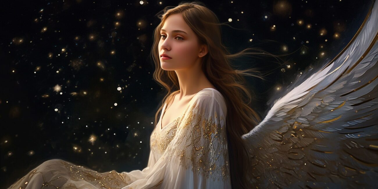 Angel Number 1414 - Angel with long dark hair and a white dress. Her wings are golden yellow and white.