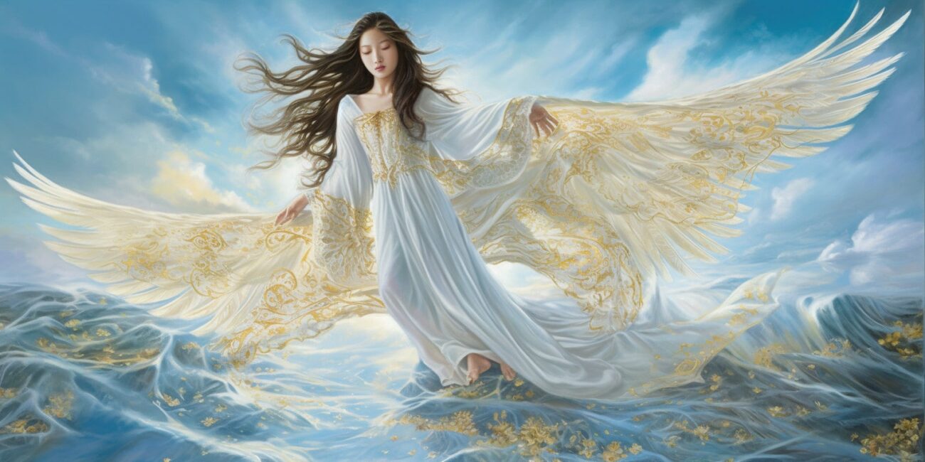 Angel Number 55555 - Angel with long dark hair and a white dress. Her wings are yellow.