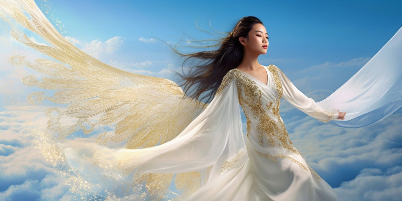 Angel Number 66666 - Angel with long dark hair and a white dress. Her wings are golden yellow.