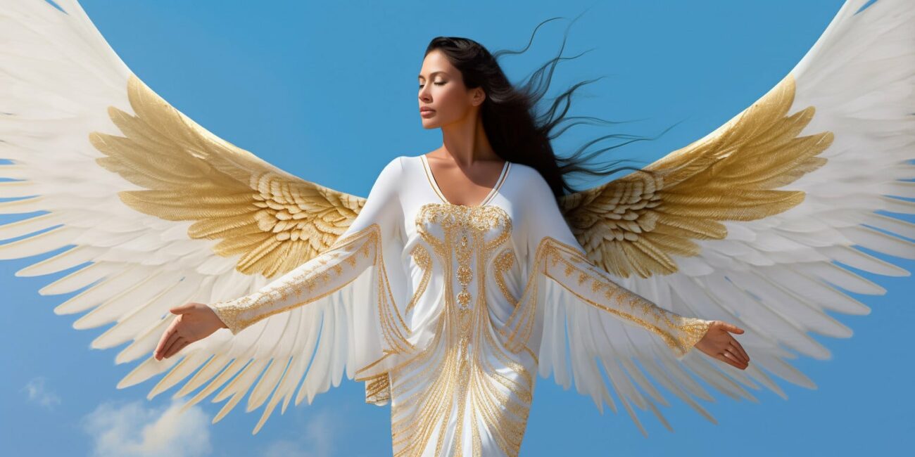 Angel Number 77777 - Angel with long dark hair and a white dress. Her wings are white and golden yellow.