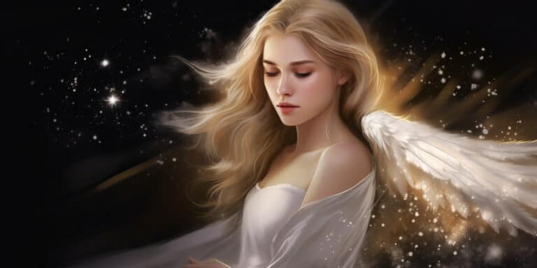 Angel Number 1411 - Angel with long blonde hair and a white dress. Her wings are golden yellow and white.