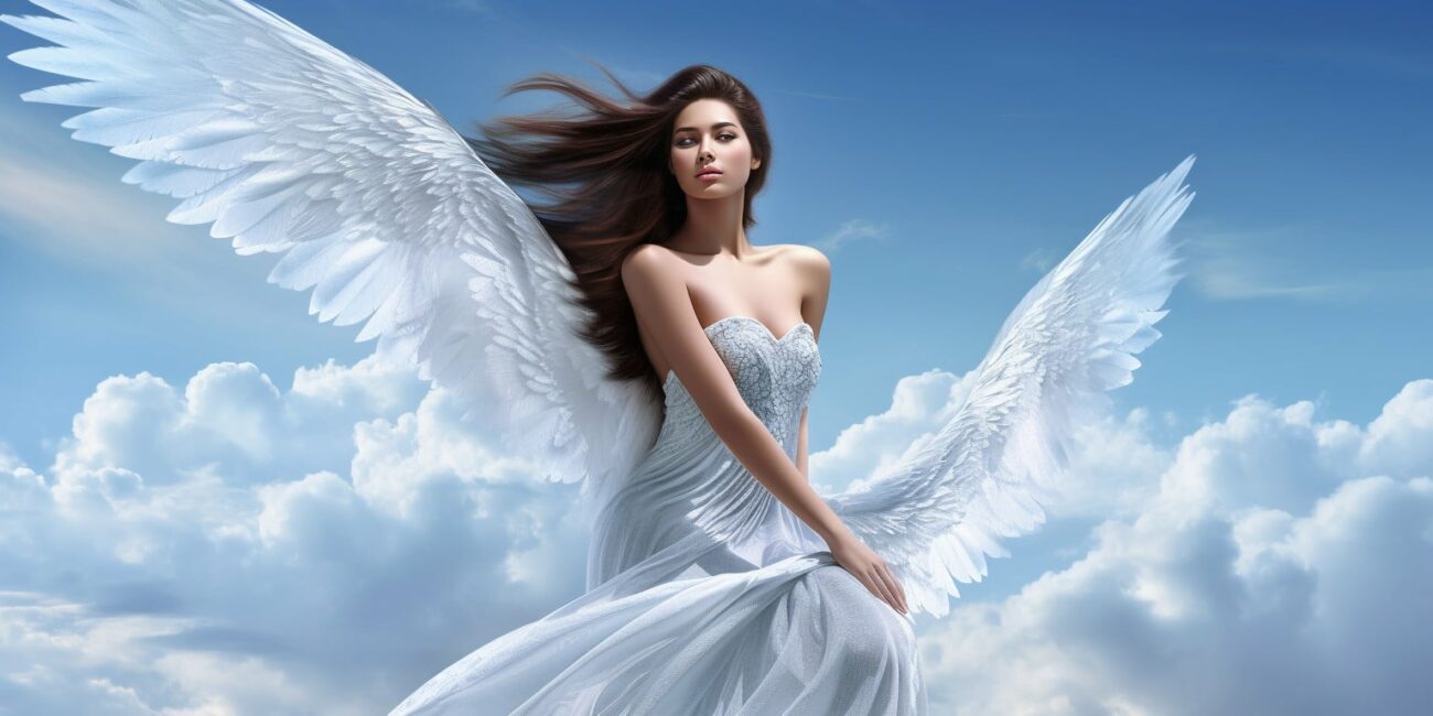 Angel Number 88888 - Angel with long dark hair and a white dress. Her wings are pure white.