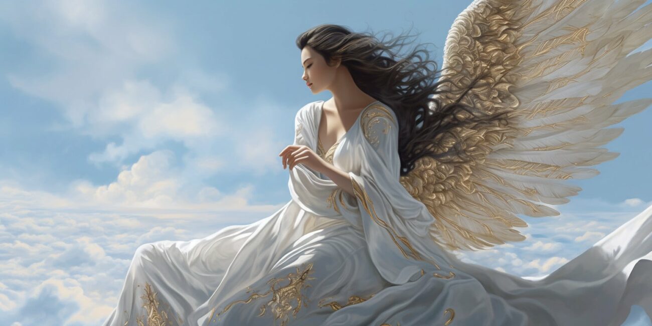 Angel Number 99999 - Angel with long dark hair and a white dress. Her wings are golden yellow and white.