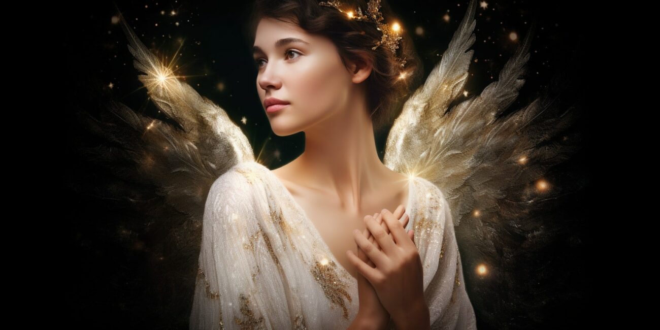 Angel Number 1144 - Angel with short dark hair and a white dress. Her wings are golden yellow and white.