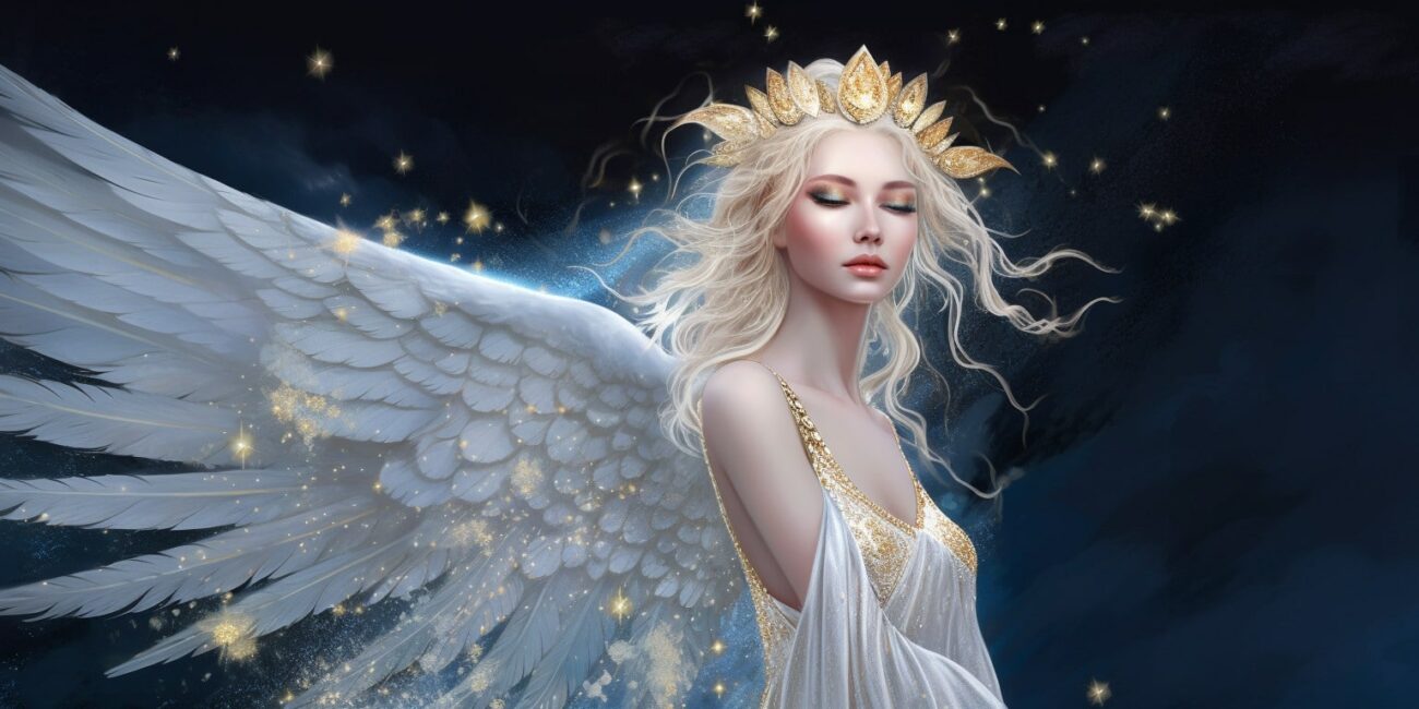 Angel Number 1141 - Angel with long white hair and a white dress. Her wings are golden yellow and white.