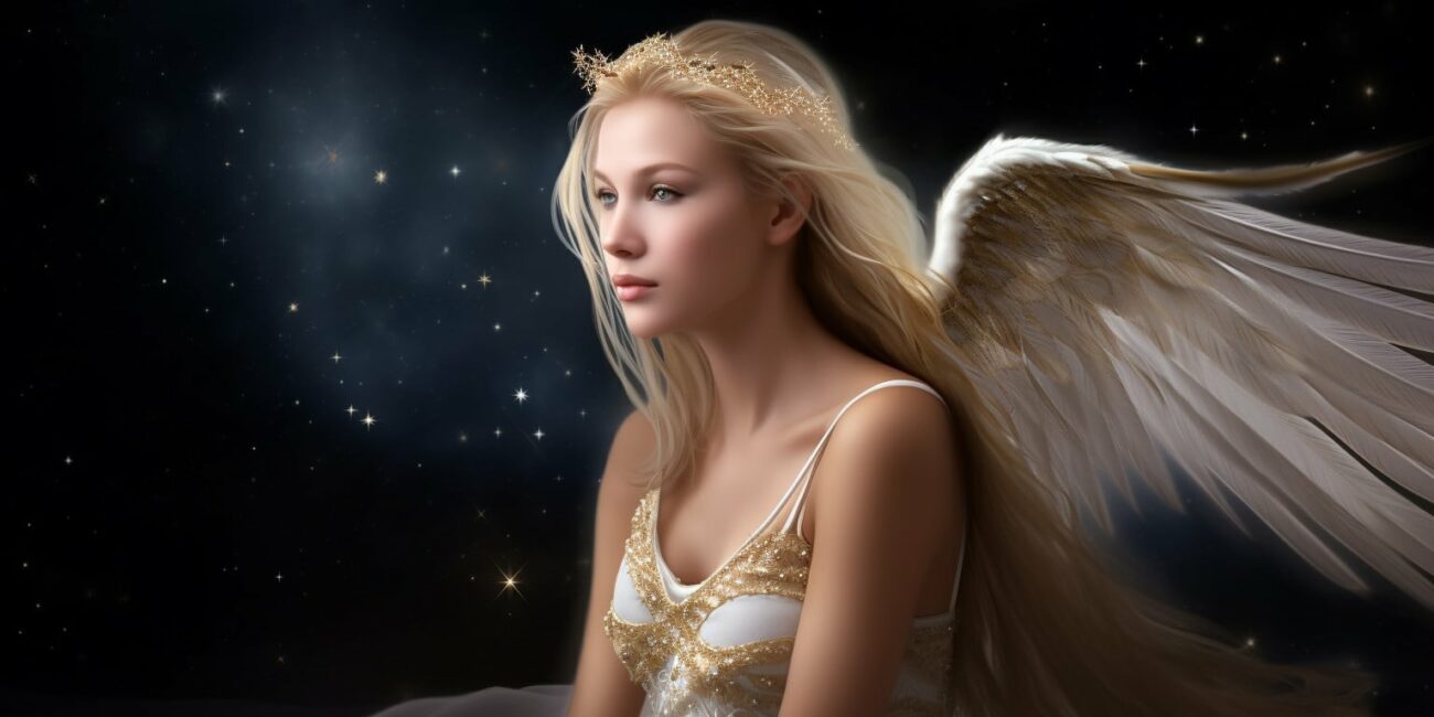 Angel Number 1171 - Angel with long blonde hair and a white dress. Her wings are white with stars around her.