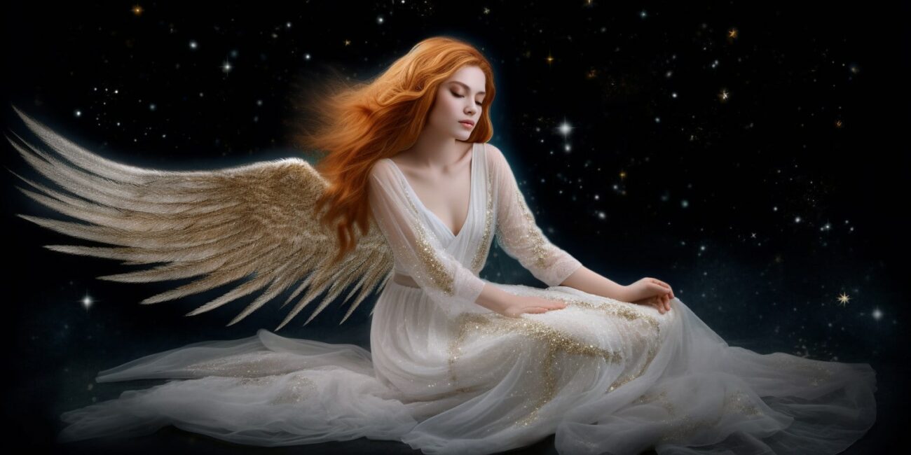 Angel Number 1711 - Angel with long brunette hair and a white dress. Her wings are white with stars around her.