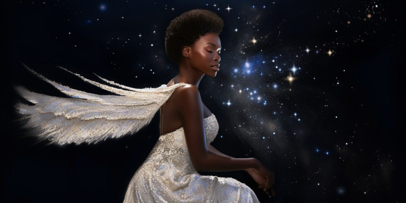 Angel Number 1717 - Angel with short black hair and a white dress. Her wings are white with stars around her.
