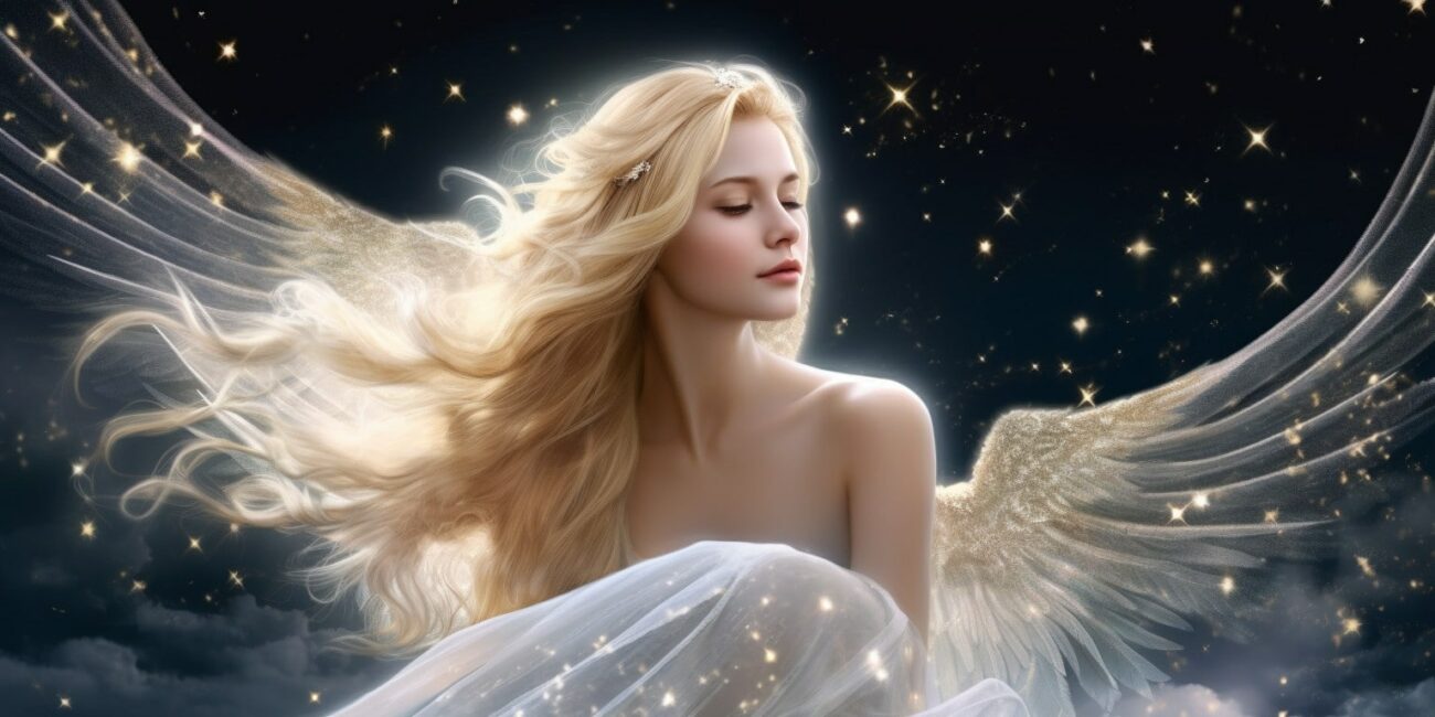 Angel Number 6661 - Angel with long blonde hair and a white dress. Her wings are a soft gold.