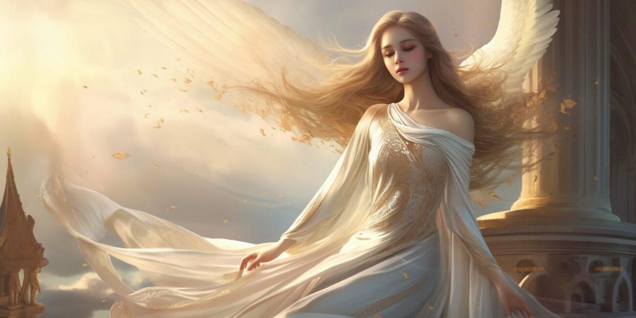 Angel Number 5551 - Angel with long blonde hair and a white dress. Her wings are golden yellow and white.