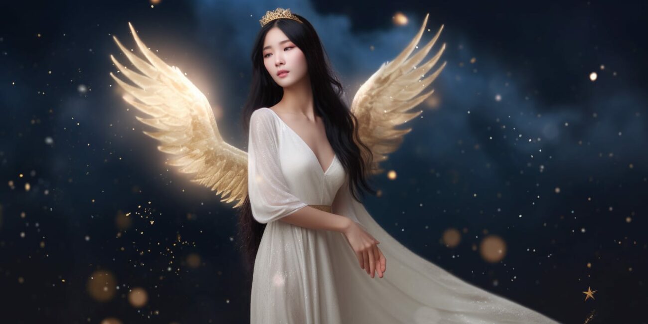 Angel Number 111111 - Angel with long black hair and a white dress. Her wings are golden yellow and white.