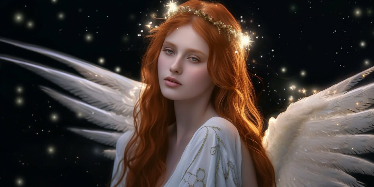 Angel Number 222222 - Angel with long brunette hair and a white dress. Her wings are golden yellow and white.