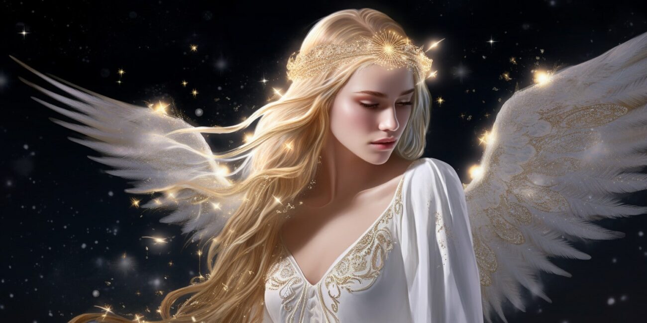 Angel Number 333333 - Angel with long blonde hair and a white dress. Her wings are golden yellow and white.