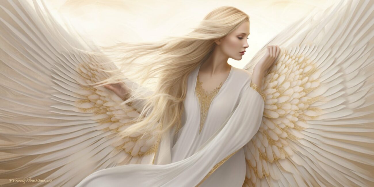 Angel Number 6166 - Angel with long blonde hair and a white dress. Her wings are a soft white and gold.