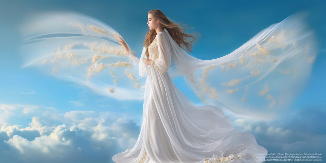 Angel Number 5515 - Angel with long hair and a white dress. Her wings are pure white with a little bit of yellow.