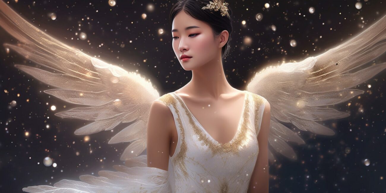 Angel Number 444444 - Angel with short black hair and a white dress. Her wings are golden yellow and white.