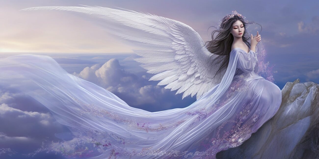 Angel Number 7177 - Angel with long black hair and a soft purple dress. Her wings are pure white.