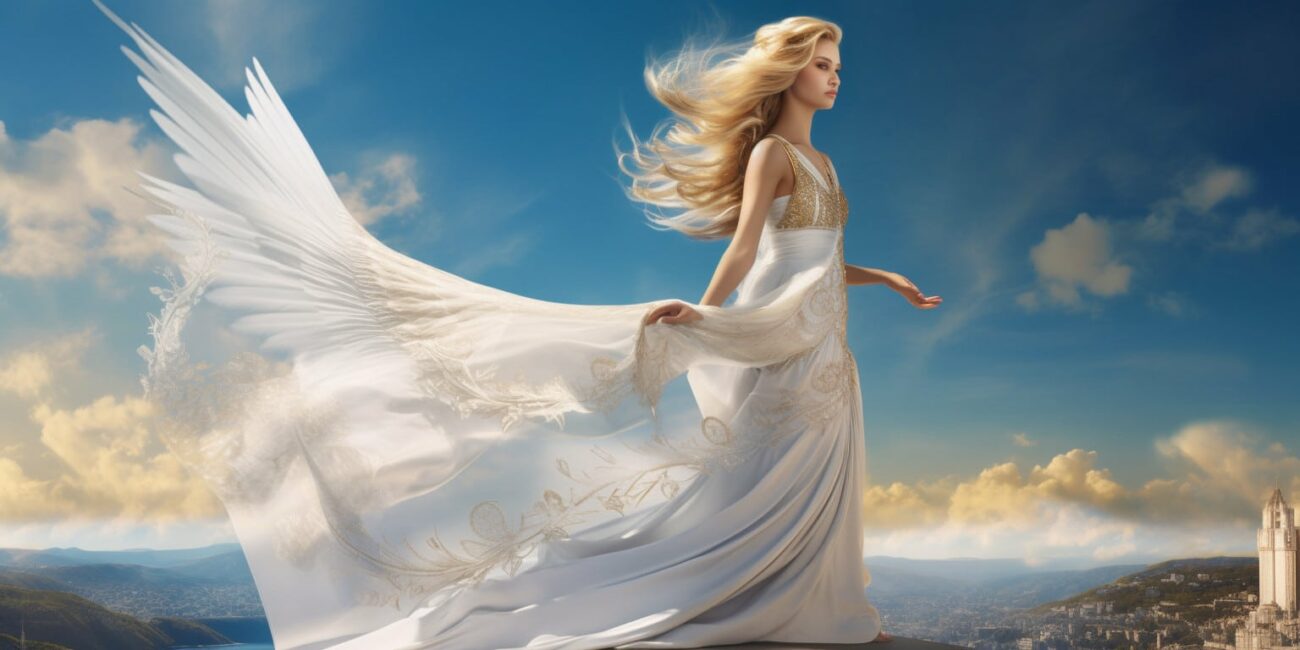 Angel Number 5511 - Angel with long lighter hair and a white dress. Her wings are pure white with a little bit of yellow.