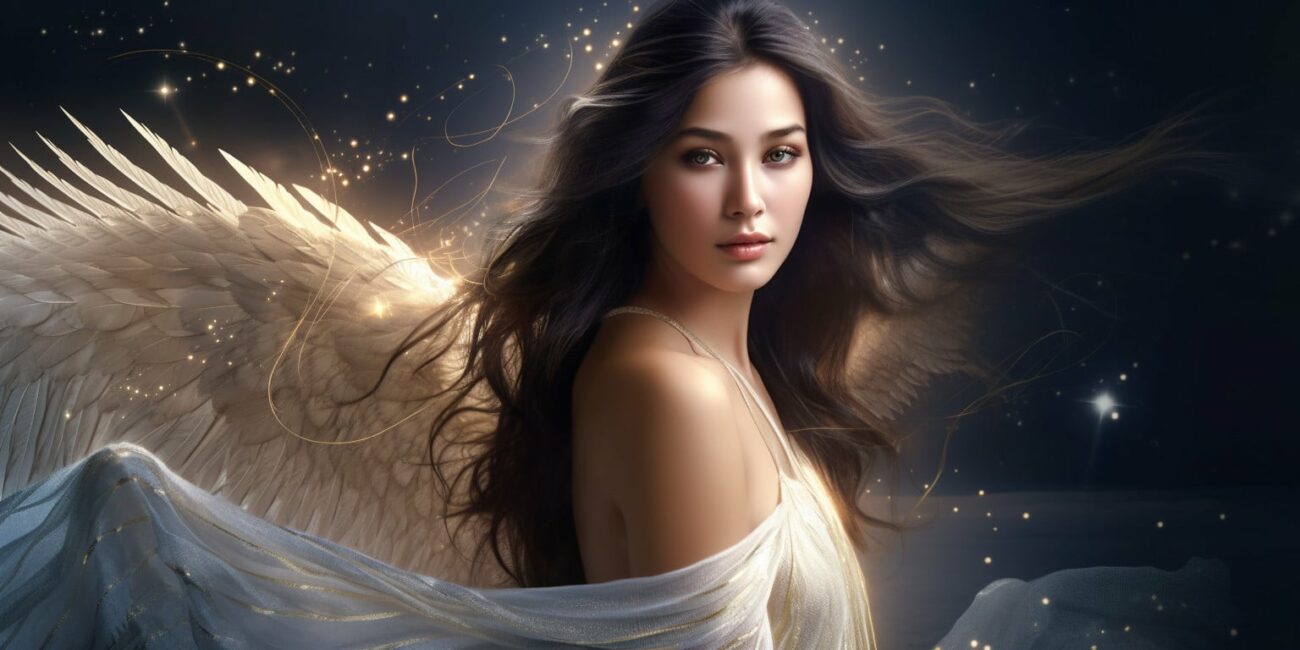 Angel Number 555555 - Angel with long black hair and a white dress. Her wings are golden yellow and white.