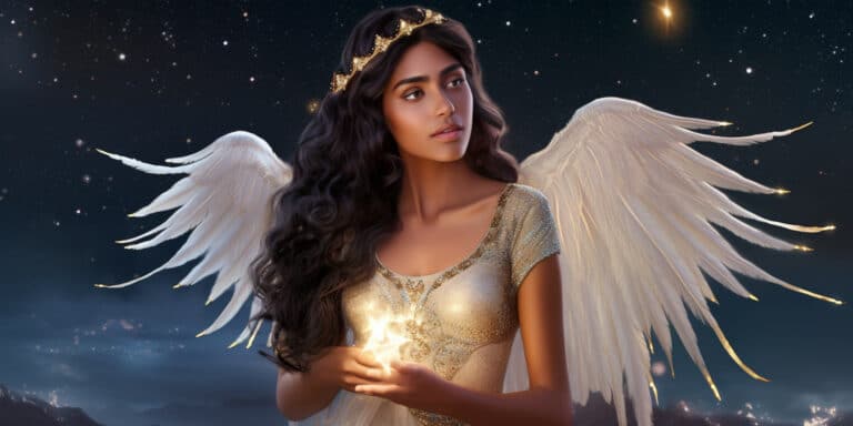 Angel Number 666666 - Angel with long curly black hair and a white dress. Her wings are golden yellow and white.