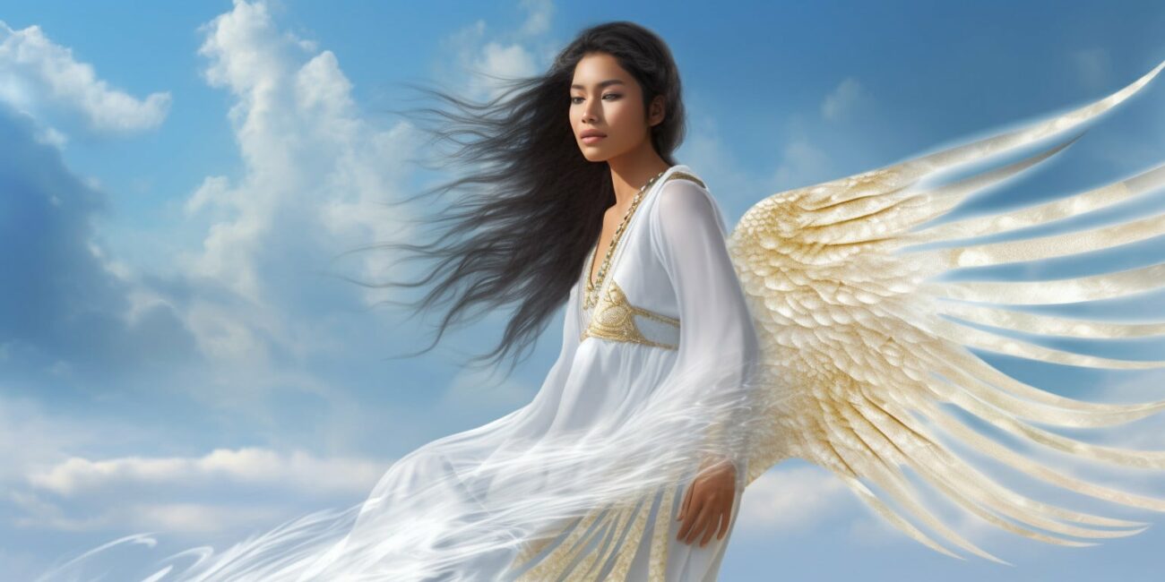 Angel Number 5155 - Angel with long dark hair and a white dress. Her wings are yellow and white.