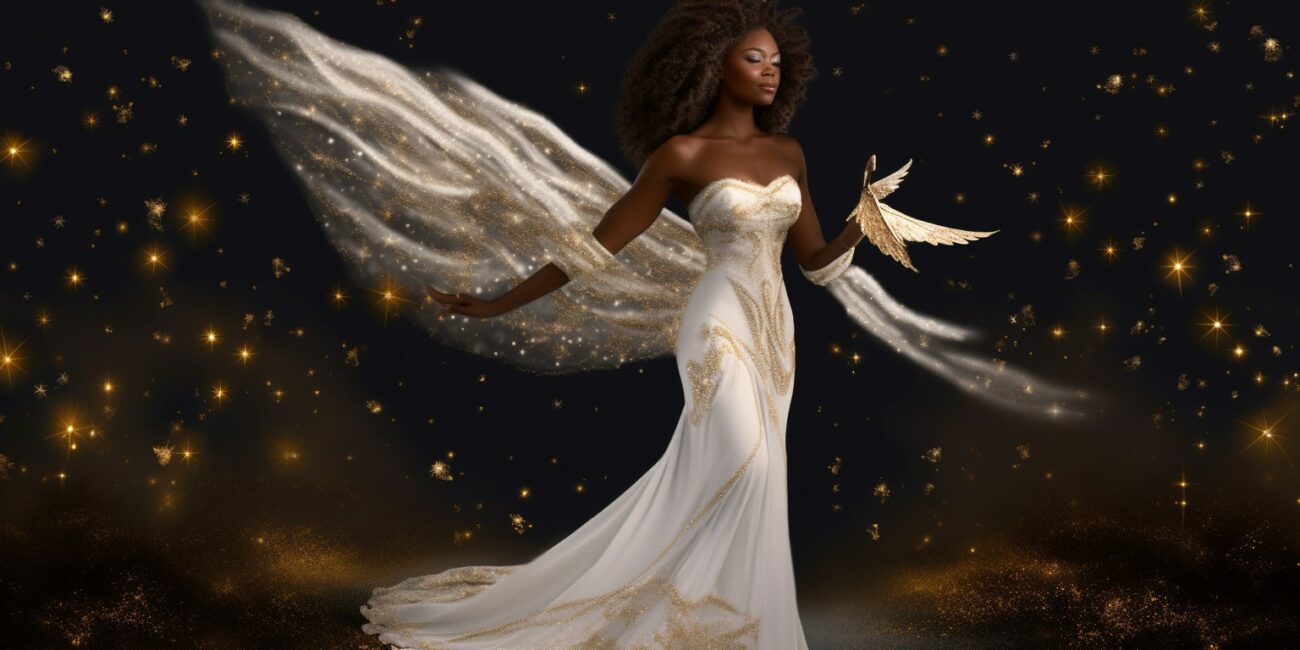 Angel Number 7711 - Angel with short black hair and a white dress. Her wings are white and gold with stars around her.