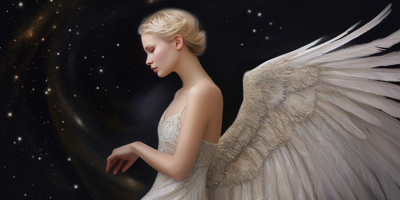 Angel Number 777777 - Angel with short blonde hair and a white dress. Her wings are golden yellow and white.