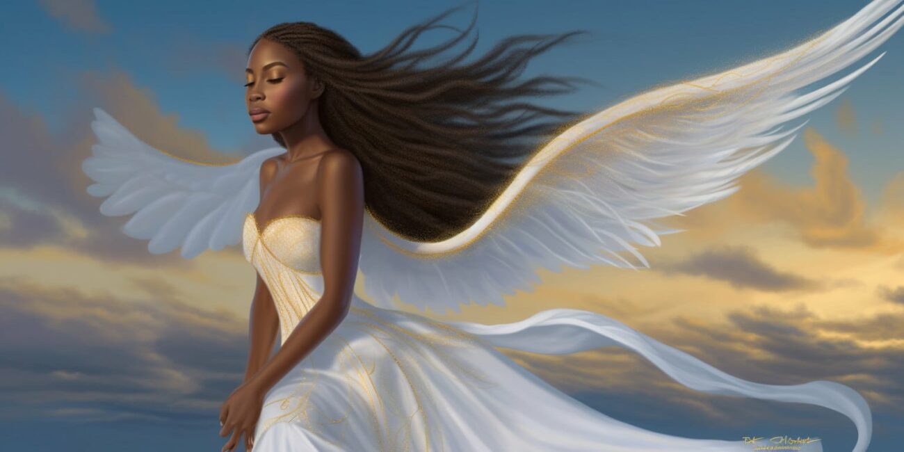 Angel Number 7717 - Angel with long black hair and a white dress. Her wings are white.