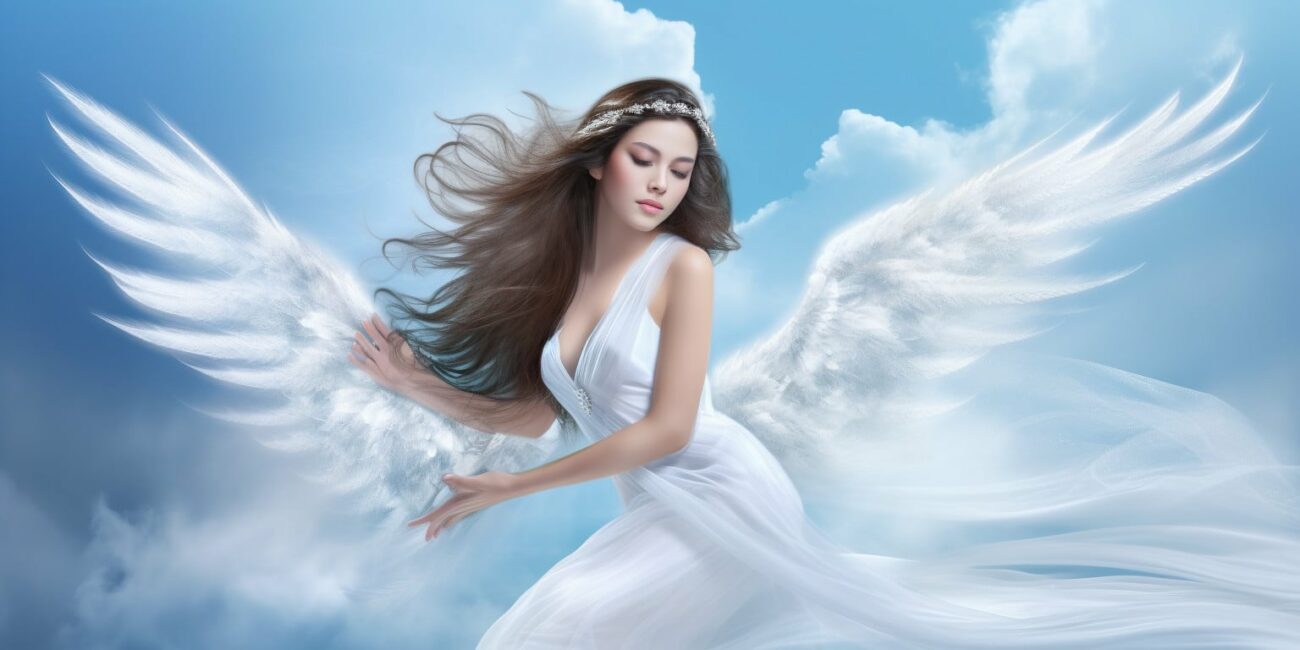 Angel Number 5151 - Angel with long dark hair and a white dress. Her wings are pure white.