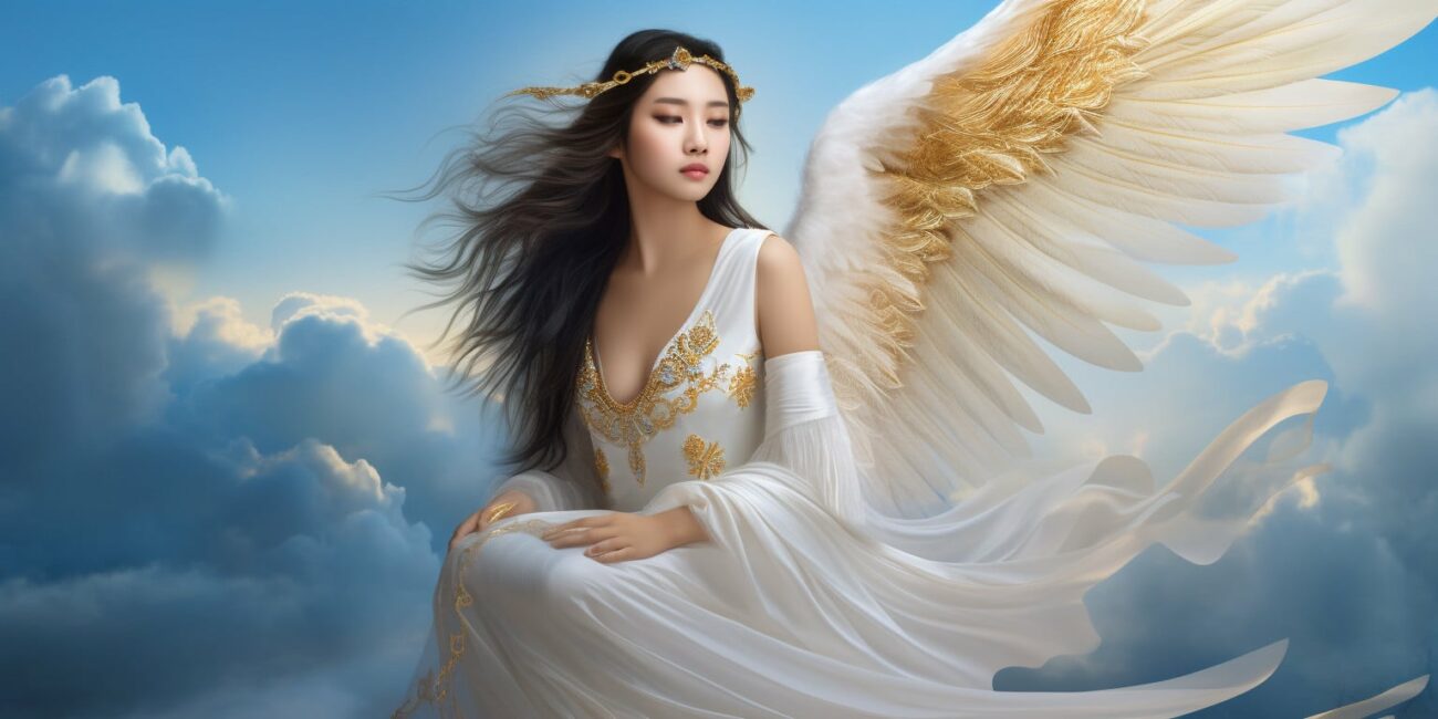 Angel Number 5115 - Angel with long dark hair and a white dress. Her wings are white and yellow.