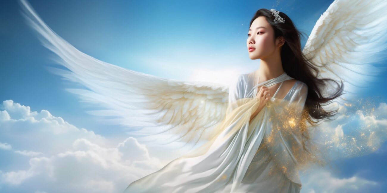 Angel Number 5111 - Angel with long hair and a white dress. Her wings are white and yellow.