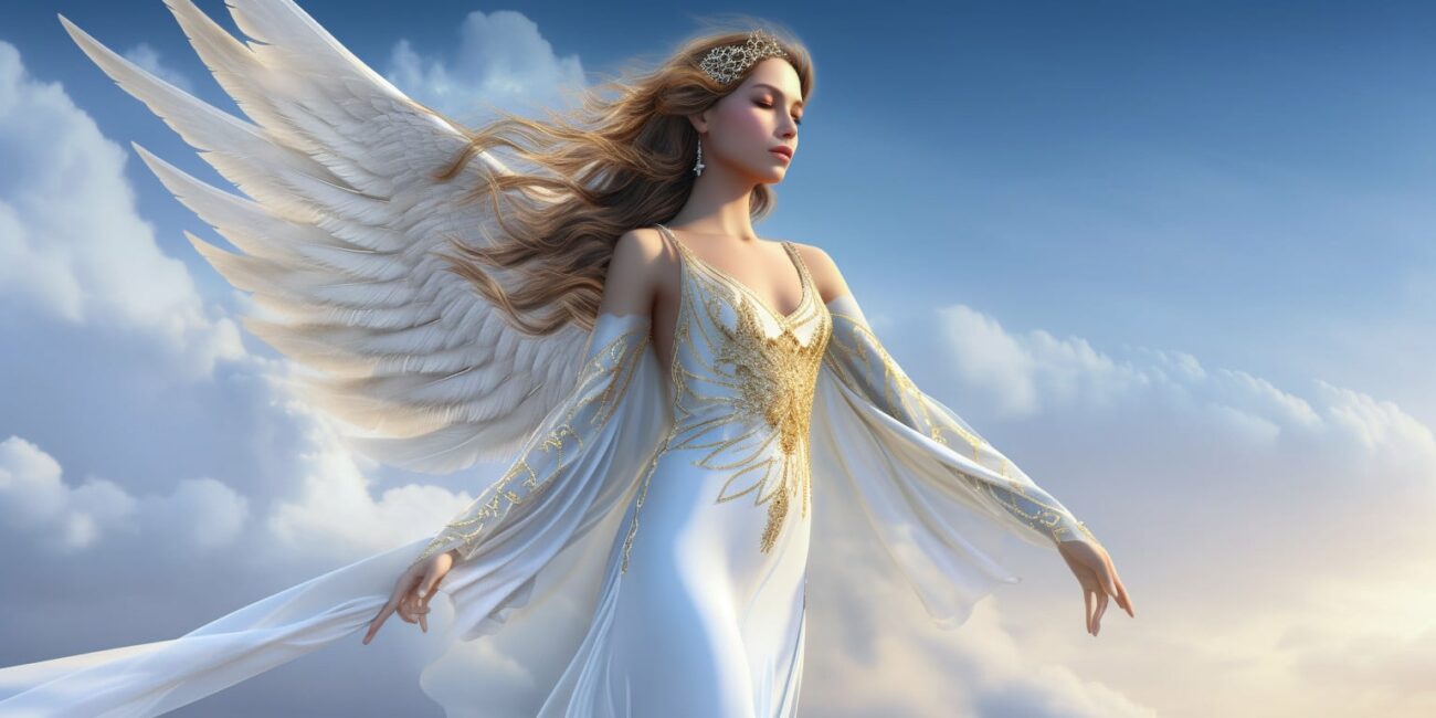 Angel Number 1555 - Angel with long hair and a white dress. Her wings are white and yellow.