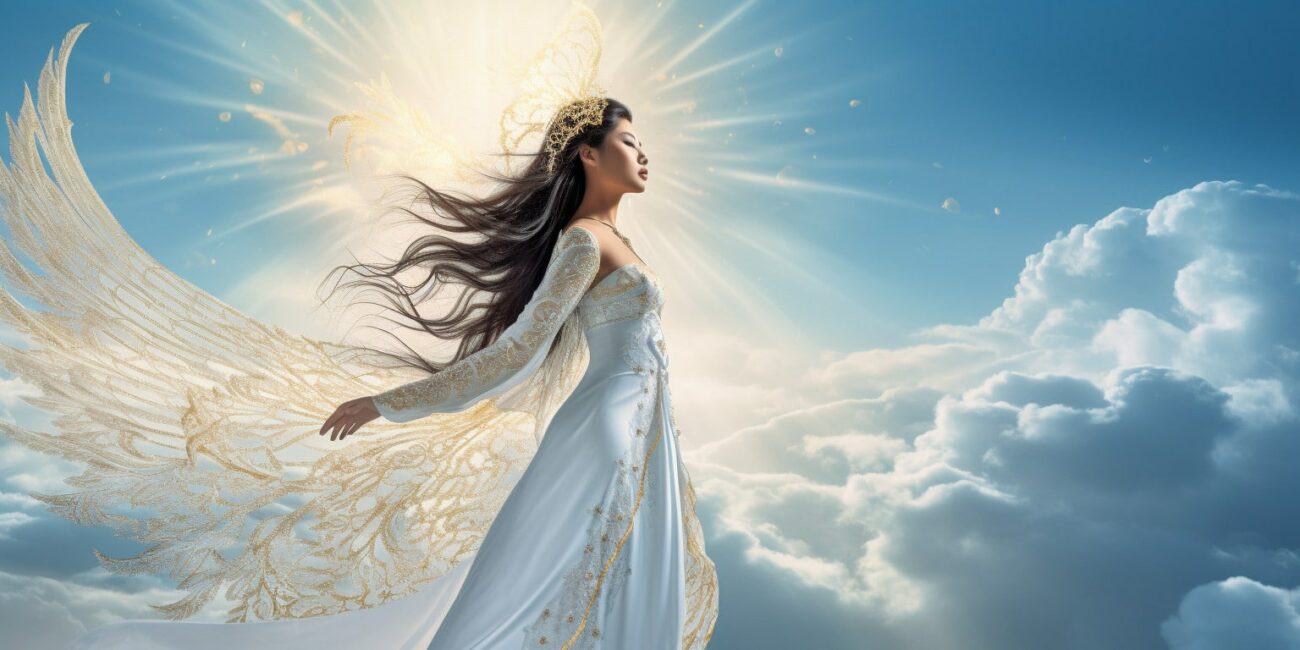 Angel Number 1551 - Angel with long hair and a white dress. Her wings are white and yellow.