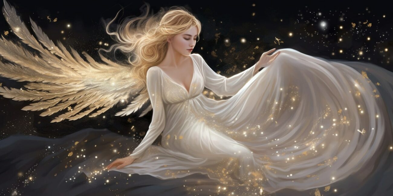 Angel Number 6161 - Angel with long blonde hair and a white dress. Her wings are gold with a small bit of soft white.